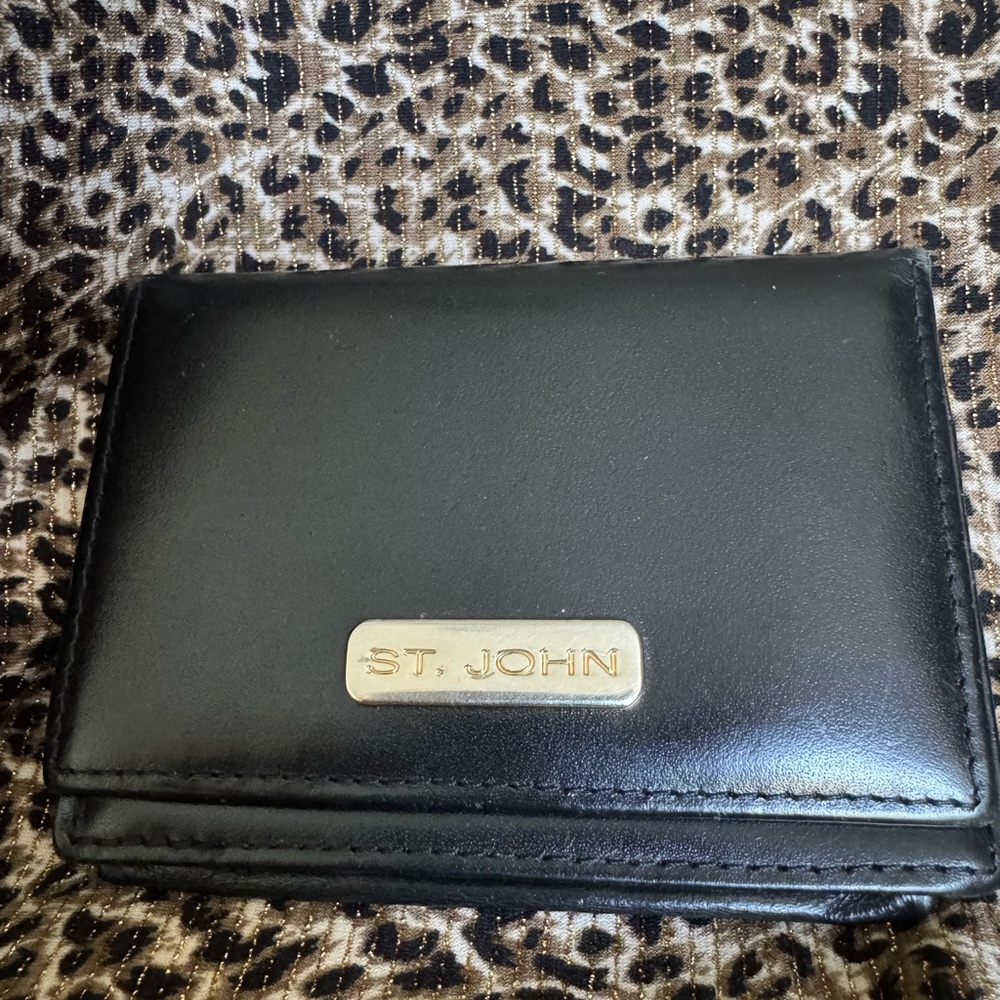 ST JOHN Black Bifold Leather Card Wallet with Gold Plaque